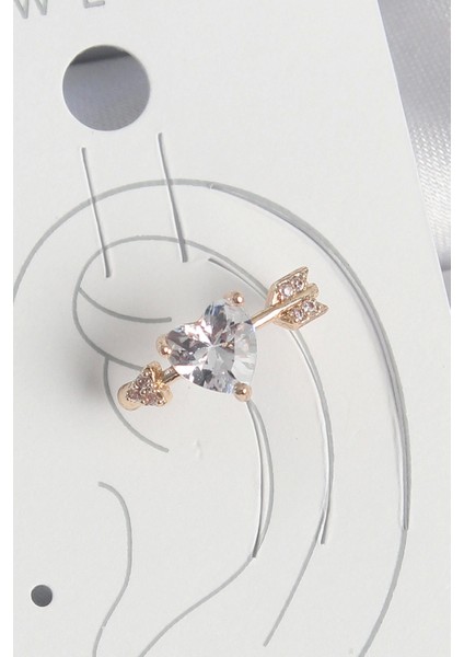 Pirinç Gold Renk Zirkon Taşlı Kalp Ok Model Kadın Kıkırdak Küpe - TJ-BKP10576