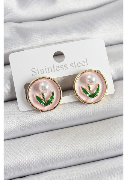 Pirinç Pembe Mineli Lale Figürlü Sanatsal Portre Model Gold Renk Kadın Küpe - TJ-BKP10674