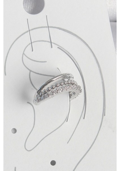 Pirinç Gümüş Renk Zirkon Taşlı 3'lü Sıralı Kadın Kıkırdak Küpe - TJ-BKP10554