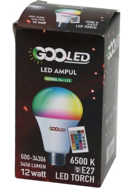 12W Kumandalı Rgb=renkli LED Ampul E27 5450 Lumen 6500K 15000 Saat Ömür (4887)