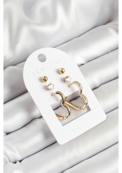 Pirinç Zirkon Taş ve Kalp Figürlü Gold Renk 3'lü Çift Kadın Küpe Set - TJ-BKP10650