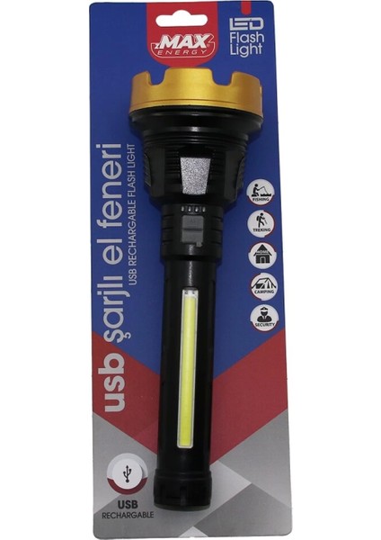 BÜYÜK=24CM 2in1= Osl LED - Cob LED USB Şarjlı El Feneri 3-Kademe Işık - Flaşör Şarj Gösterge (4887)