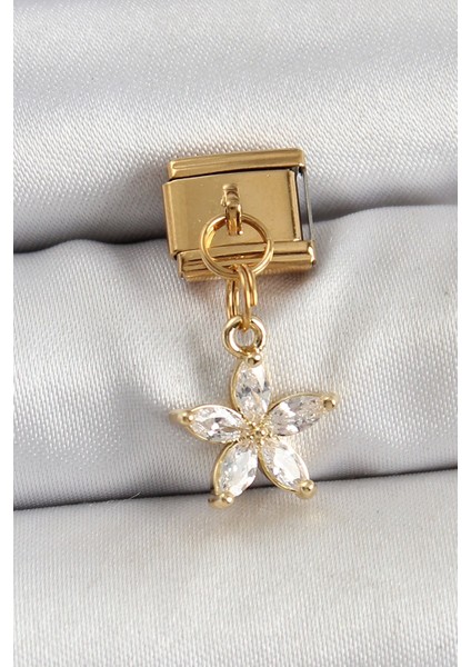 316L Çelik Sallantılı Zirkon Taşlı Çiçek Model Gold Renk Nomination Charm - TJ-BC1429