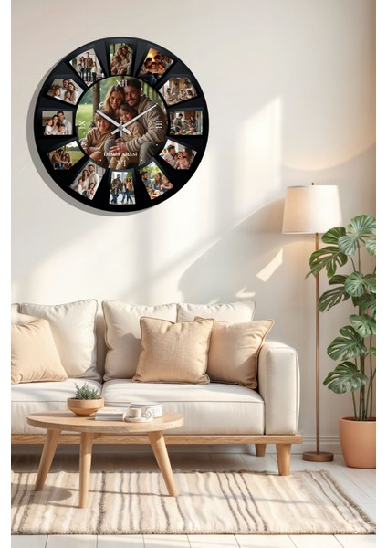 Kişiye Özel 13 Fotoğraflı Modern Yuvarlak Ahşap Duvar Saati 40x40 cm Siyah