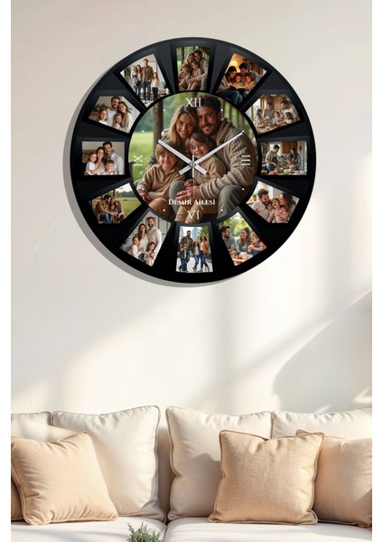 Kişiye Özel 13 Fotoğraflı Modern Yuvarlak Ahşap Duvar Saati 40x40 cm Siyah fiyatları