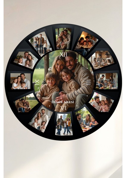 Kişiye Özel 13 Fotoğraflı Modern Yuvarlak Ahşap Duvar Saati 40x40 cm Siyah modelleri