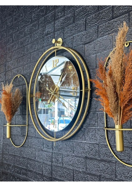 Modern bej duvar saati ve çiçeklik seti, 57x59 cm, şık ve kullanışlı tasarım