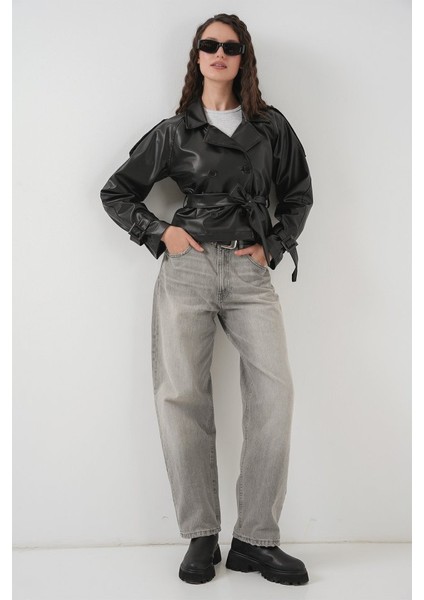 Kemerli Suni Deri Ceket 1046 - Siyah fiyatları