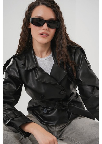 Kemerli Suni Deri Ceket 1046 - Siyah modelleri