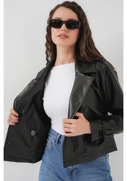Kemerli Suni Deri Ceket 1046 - Siyah fırsatları