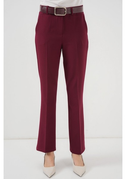 6538 Kemerli Ispanyol Paça Pantolon - Bordo