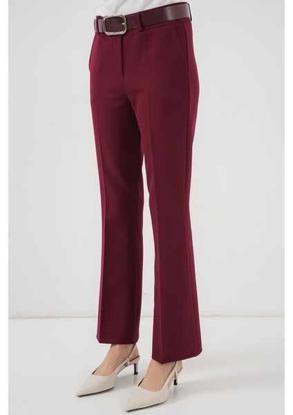 6538 Kemerli Ispanyol Paça Pantolon - Bordo