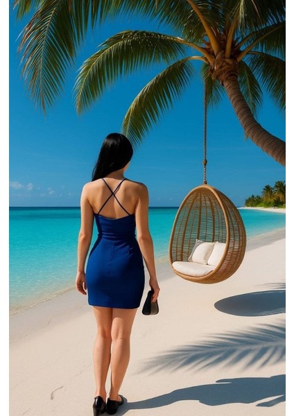 Kadın Yırtmaç Detaylı Askılı Kruvaze Yaka Scuba Krep Kumaş Mını Elbıse fiyatları