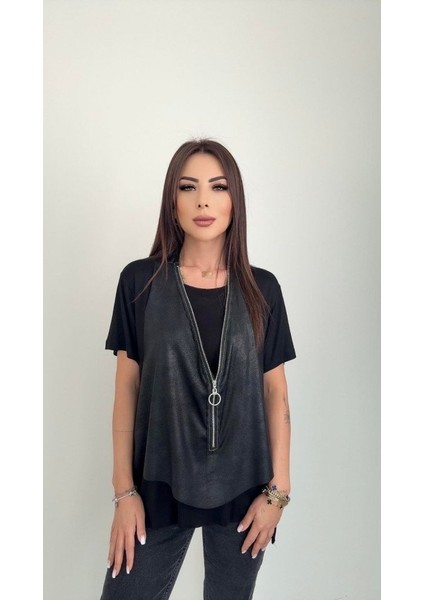 Kadın Kısa Kollu Yuvarlak Yaka Viskon Bluz + Kolsuz Fermuarlı Çatlak Deri Yelek