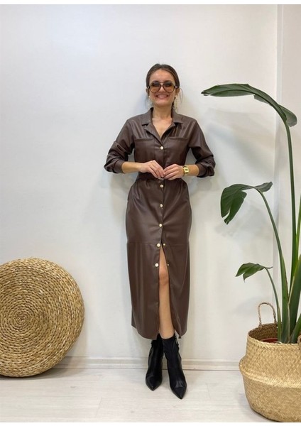 Kahverengi Kemerli Deri Elbise