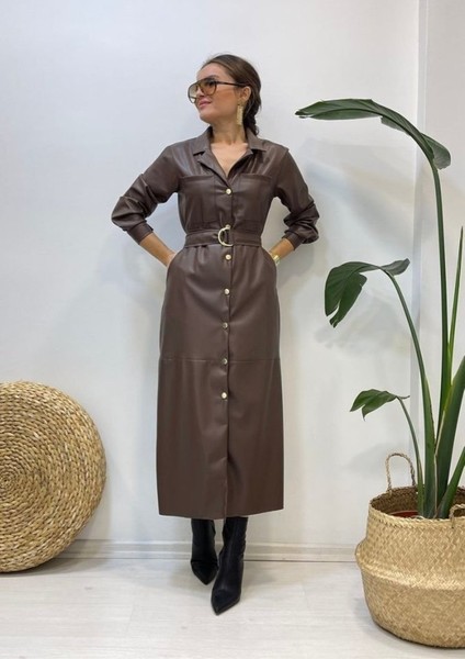 Kahverengi Kemerli Deri Elbise modelleri