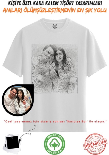 Kişiye Özel Karakalem Tişört | Fotoğraftan Baskı | Aile Evcil Hayvan Tasarım | %100 Pamuk Unisex Beyaz V2 fiyatları