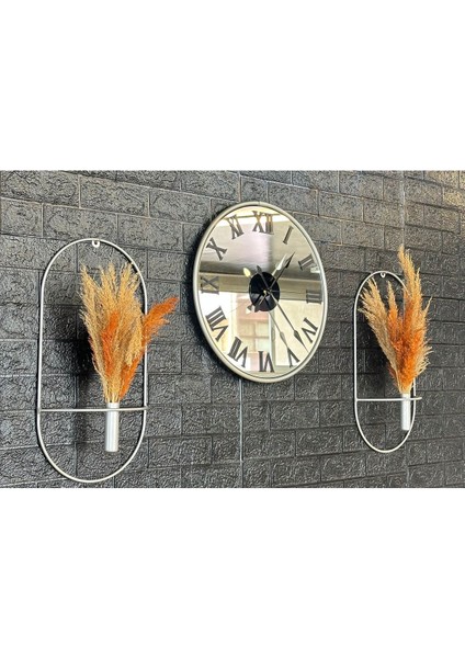 Duvar Saati Glorya Gümüş Mat Gri Aynalı Duvar Saati Roma Çiçeklik Set