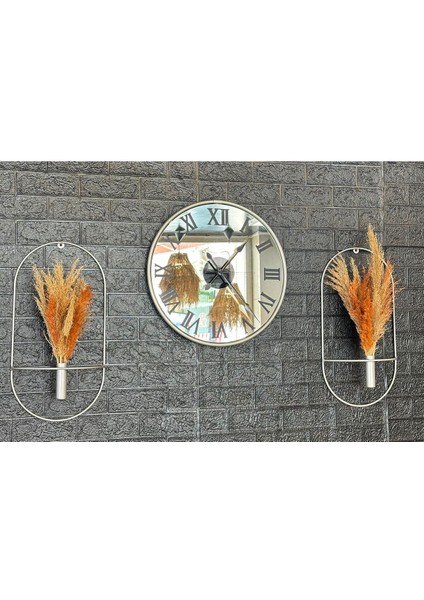 Duvar Saati Glorya Gümüş Mat Gri Aynalı Duvar Saati Roma Çiçeklik Set fiyatları