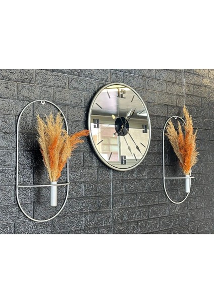 Duvar Saati Set Glorya Mat Gümüş Gri Aynalı Duvar Saati Çiçeklik