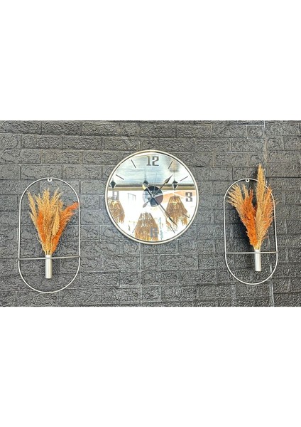 Duvar Saati Set Glorya Mat Gümüş Gri Aynalı Duvar Saati Çiçeklik fiyatları
