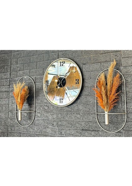 Duvar Saati Set Glorya Mat Gümüş Gri Aynalı Duvar Saati Çiçeklik modelleri
