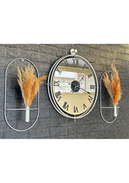 Duvar Saati Çiçeklik Set Mat Gümüş Gri Set Duvar Saati Set