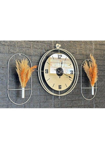 Duvar Saati Mat Gümüş Gri Duvar Saati ve Çiçeklik Seti