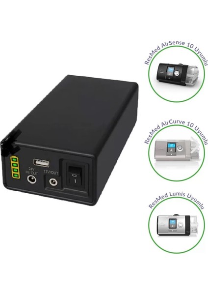 CPAP Taşınabilir Batarya – ResMed & Philips Uyumlu | 12V/24V Çıkış, USB Şarj, LED Gösterge