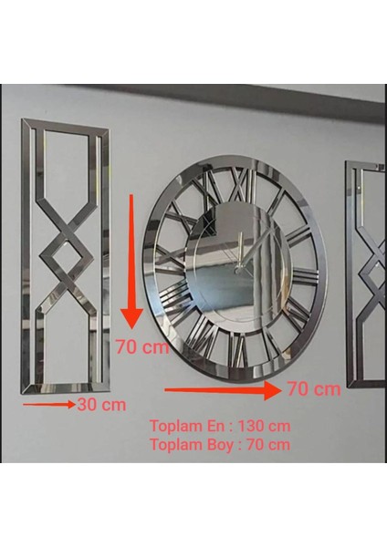 Dekoratif Xxxl Büyük Boy Aynalı Gümüş Tablo Duvar Saati 3'lü Set