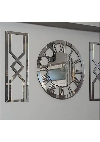 Dekoratif Xxxl Büyük Boy Aynalı Gümüş Tablo Duvar Saati 3'lü Set fırsatları