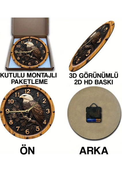 Sessiz Yuvarlak Ahşap Duvar Saati, Kuvars Hareketli 2d Kartal Desen SDW024