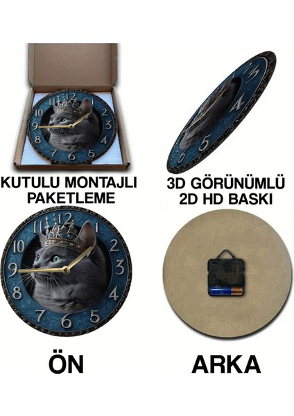 Sessiz Yuvarlak Ahşap Duvar Saati, Kuvars Hareketli 2d Kedi Desen 2d SDW023