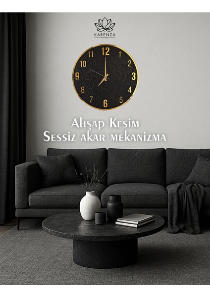 Avangarde Likya Time (Siyah-Gold) - Akar Sessiz Mekanizmalı - Ahşap Duvar Saati