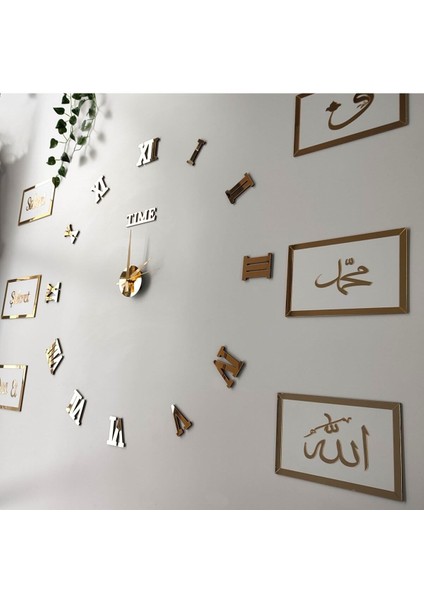 3D Roma Rakamlı Saat ve Sabret Şükret Dua Et Allah Muhammed Vav Pano Set (Beyazaltın)