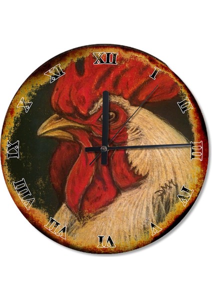 50 cm Çap Kırmızı Ibikli Horoz Roma Rakamlı Desenli Duvar Saati