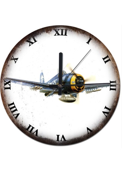 Çap Roma Rakamlı Pervaneli Savaş Üçağı Dekoratif Duvar Saati 30 cm