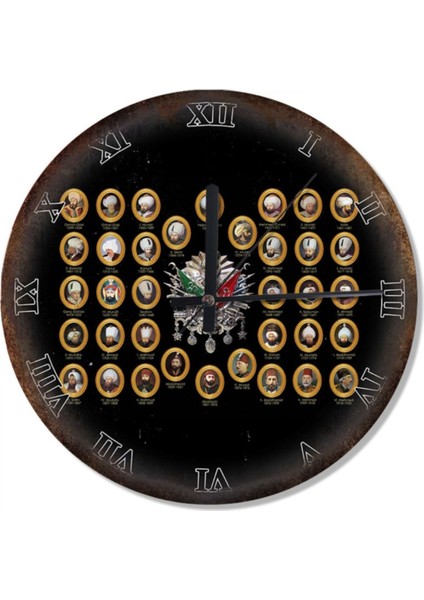 50 cm Çap Osmanlı Padişahları ve Tuğrası Baskılı Duvar Saati