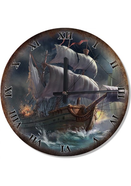 50 cm Çap Dalgalarla Şavaşan Yelkenli Roma Rakamlı Tasarım Duvar Saati