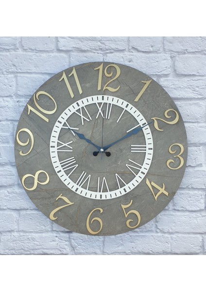 Mermer Desenli Altın (Gold) Renkli Rakamlı Duvar Saati Çap 50 cm