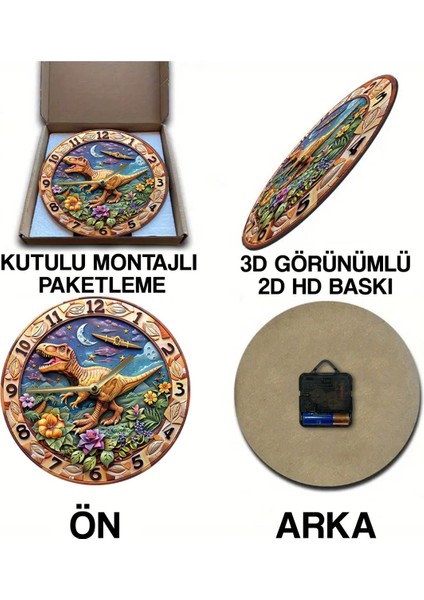 Sessiz Yuvarlak Ahşap Duvar Saati, Kuvars Hareketli 2d Dinazor Desen SDW008