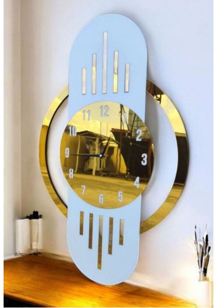 Beyaz Renk Gold Altın Sayılı Hediyelik Ahşap Dekoratif Sessiz Büyük Boy Duvar Saati 70CM