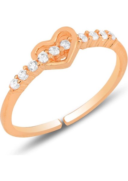 Gümüş Rose Zirkon Taşlı Kalp Modeli Ayarlamalı Yüzük SGTL12165ROSE