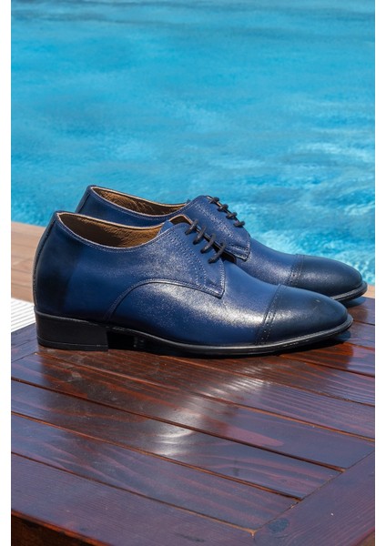 El Yapımı Lacivert Renk Oxford Model +7 Cm Boy Uzatan Gizli Topuk Ayakkabı Damatlık Kundura