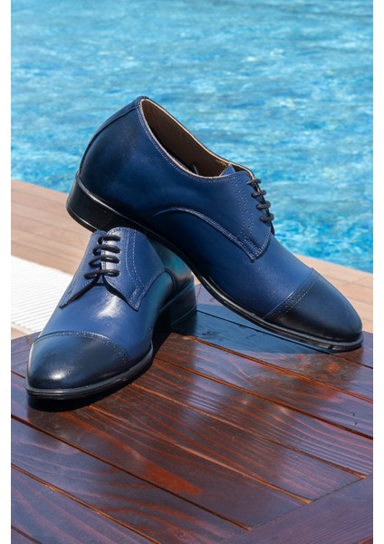 El Yapımı Lacivert Renk Oxford Model +7 Cm Boy Uzatan Gizli Topuk Ayakkabı Damatlık Kundura