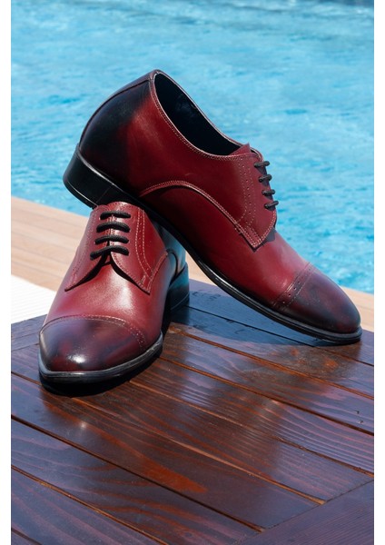 El Yapımı Bordo Renk Oxford Model +7 Cm Boy Uzatan Gizli Topuk Ayakkabı Damatlık Kundura