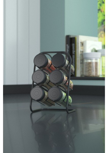 Teknotel Metal 6'lı Tuzluk Baharatlık Standı 6 Adet Cam Baharatlık Mat Siyah MG028