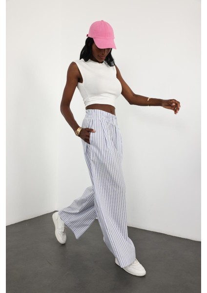 Beyaz Çizgili Poplin Pantolon 0155