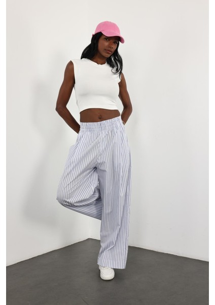 Beyaz Çizgili Poplin Pantolon 0155