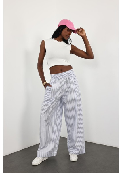 Beyaz Çizgili Poplin Pantolon 0155